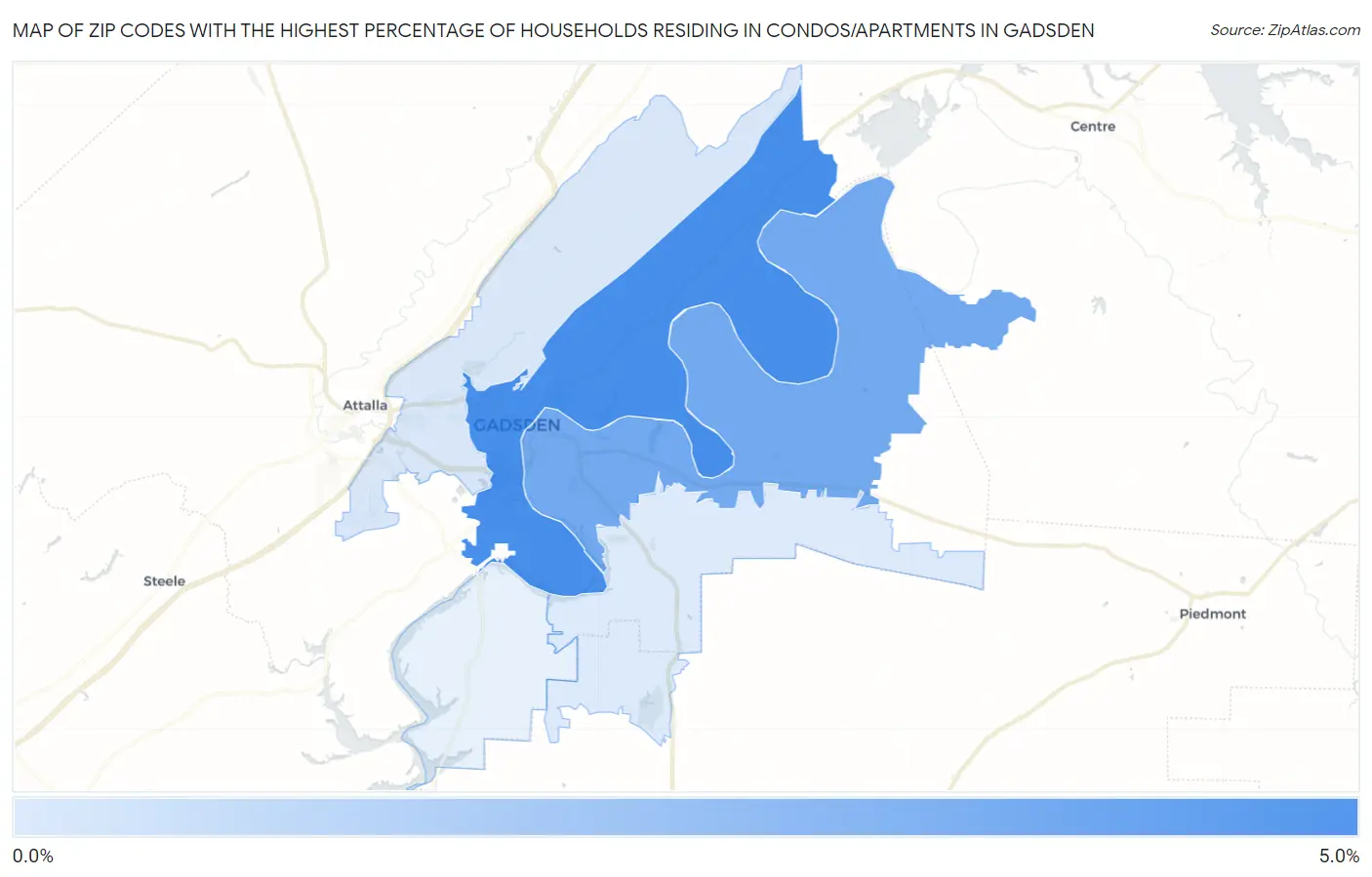 Zip Codes with the Highest Percentage of Households Residing in Condos/Apartments in Gadsden Map