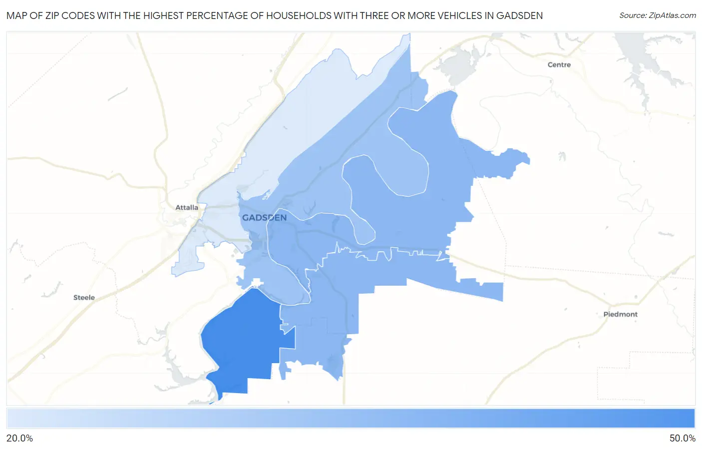 Zip Codes with the Highest Percentage of Households With Three or more Vehicles in Gadsden Map