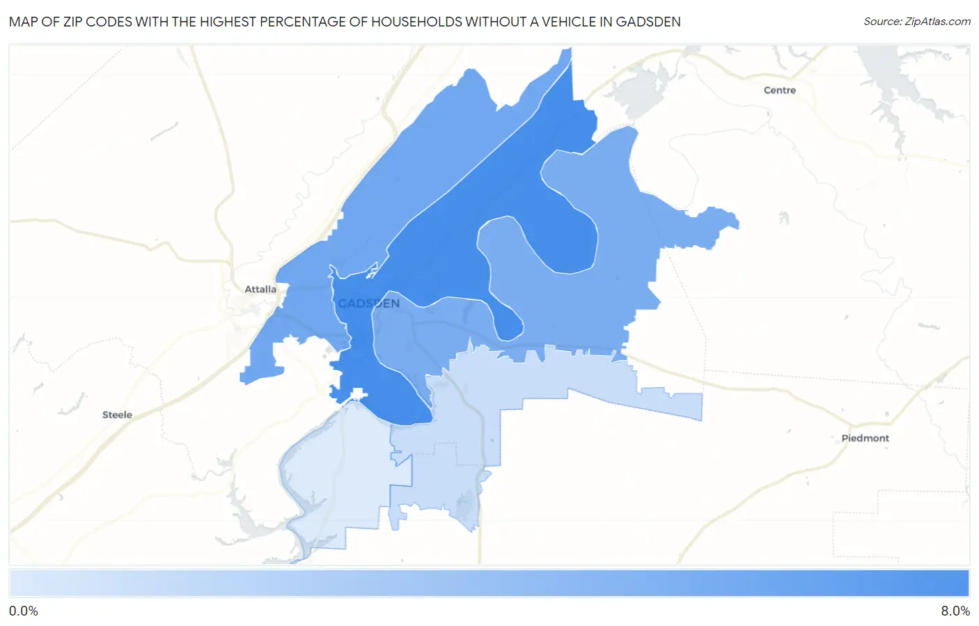 Zip Codes with the Highest Percentage of Households Without a Vehicle in Gadsden Map