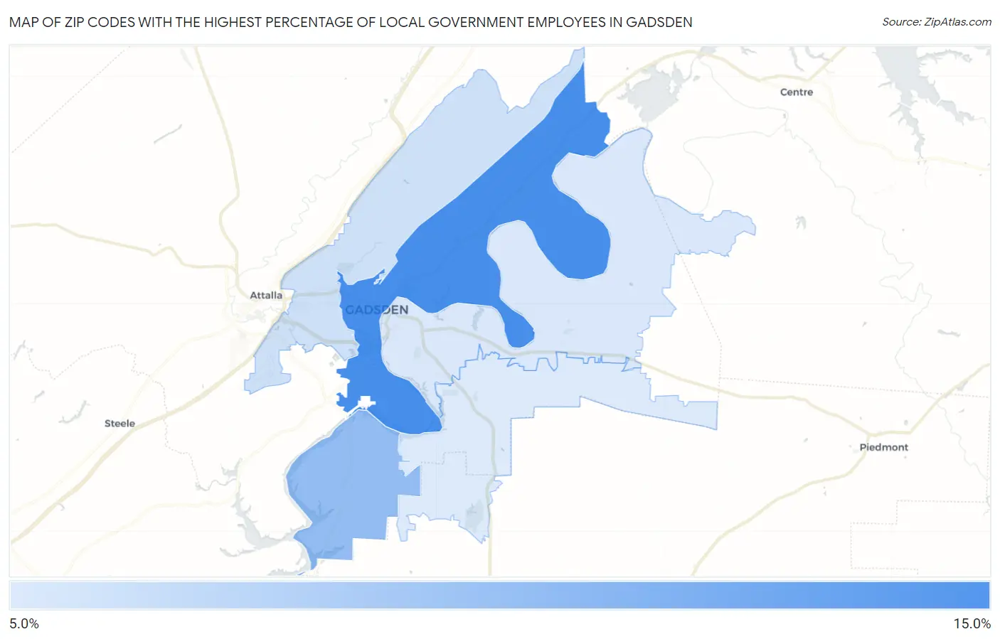 Zip Codes with the Highest Percentage of Local Government Employees in Gadsden Map