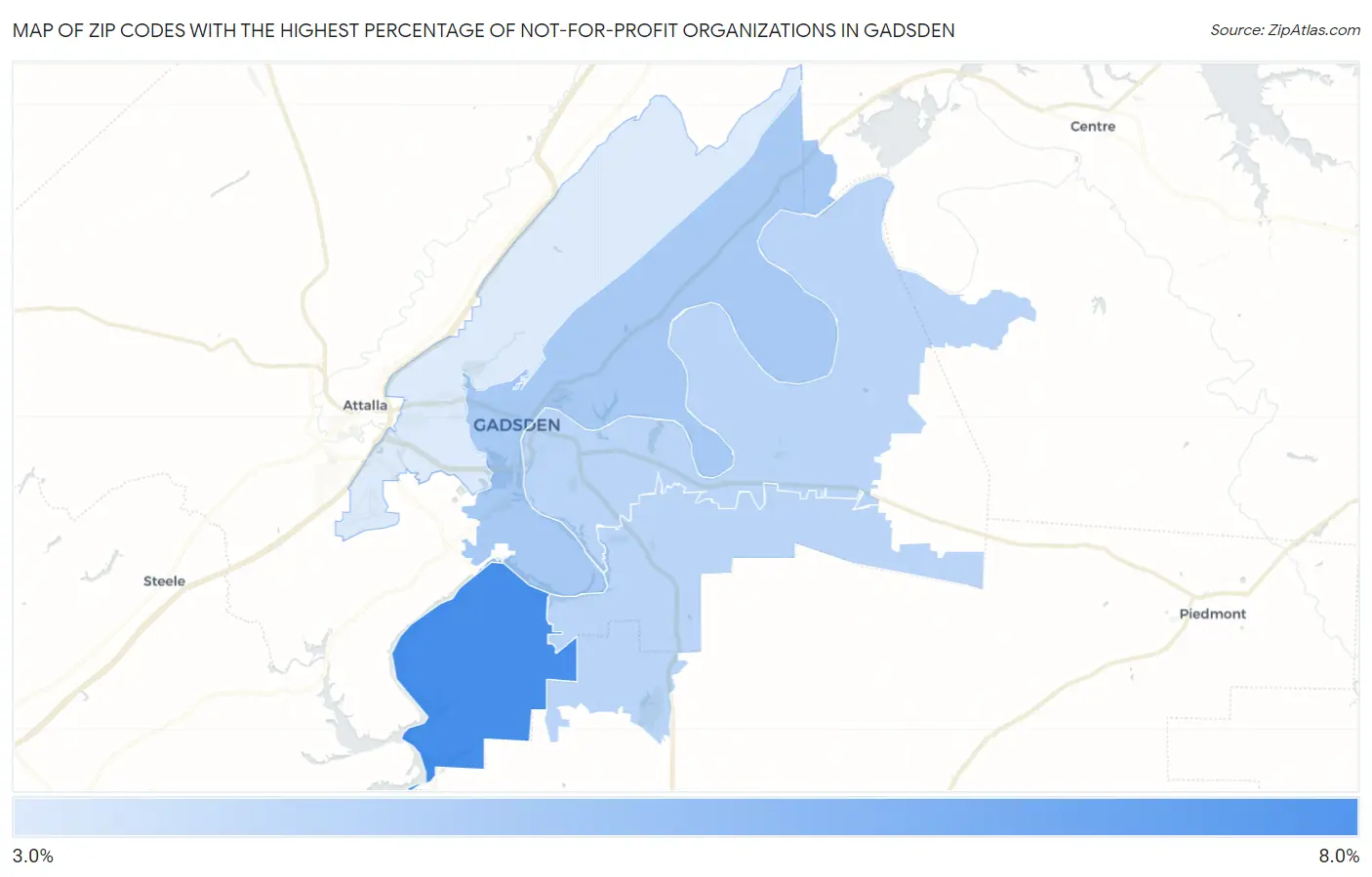 Zip Codes with the Highest Percentage of Not-for-profit Organizations in Gadsden Map