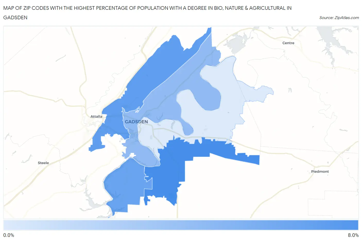 Zip Codes with the Highest Percentage of Population with a Degree in Bio, Nature & Agricultural in Gadsden Map