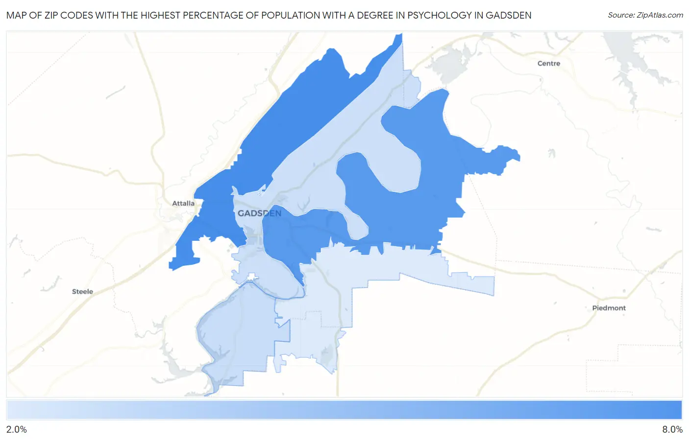 Zip Codes with the Highest Percentage of Population with a Degree in Psychology in Gadsden Map