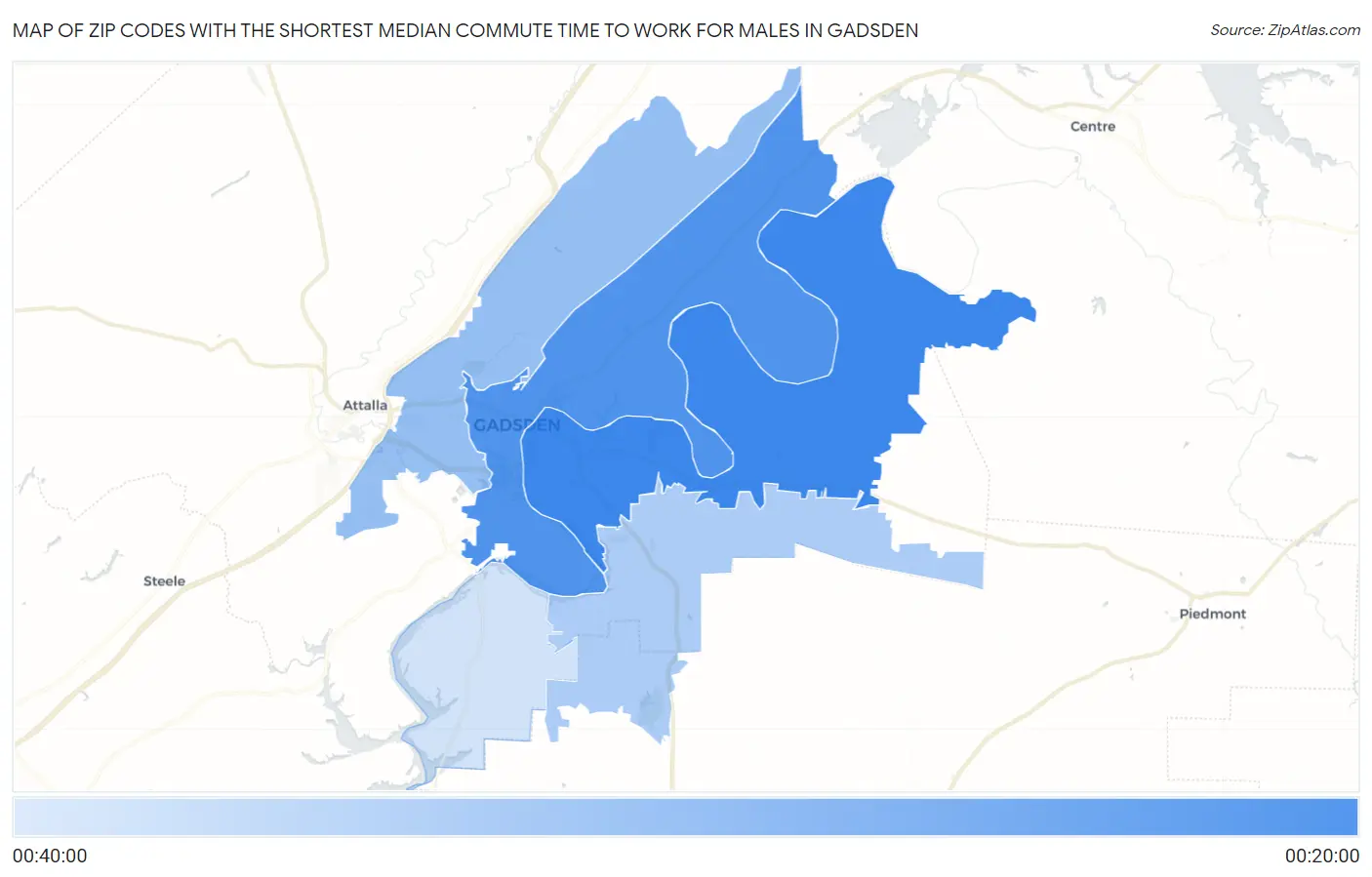 Zip Codes with the Shortest Median Commute Time to Work for Males in Gadsden Map