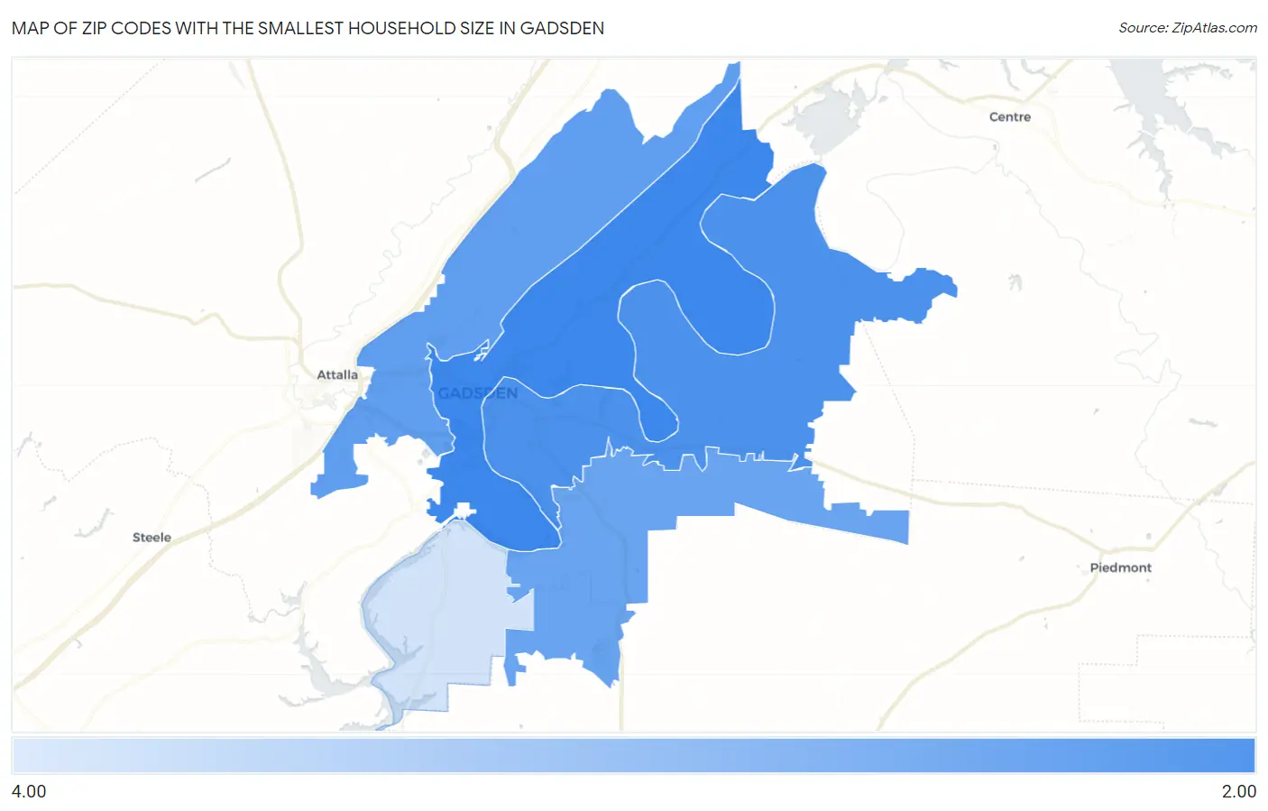 Zip Codes with the Smallest Household Size in Gadsden Map