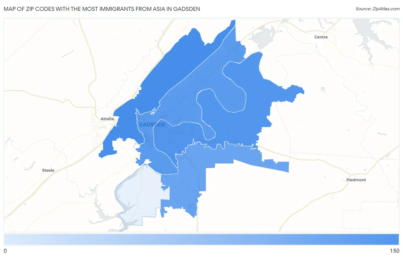 Zip Codes with the Most Immigrants from Asia in Gadsden Map