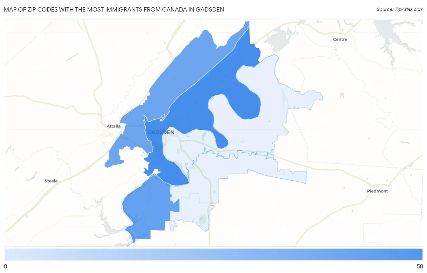 Zip Codes with the Most Immigrants from Canada in Gadsden Map