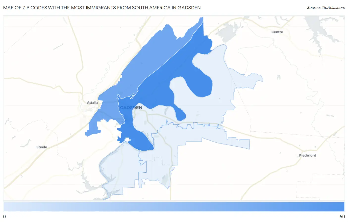 Zip Codes with the Most Immigrants from South America in Gadsden Map