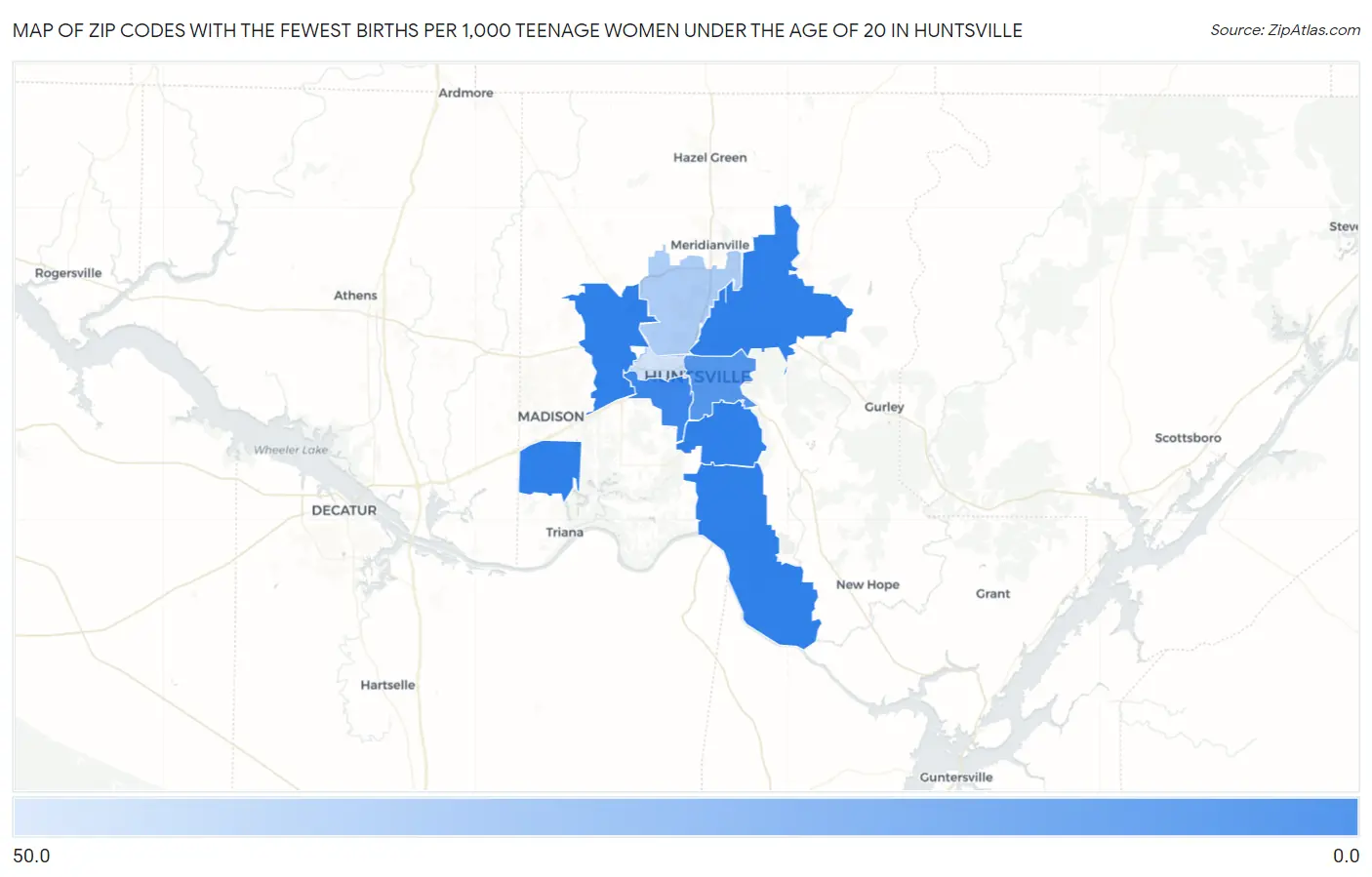 Zip Codes with the Fewest Births per 1,000 Teenage Women Under the Age of 20 in Huntsville Map