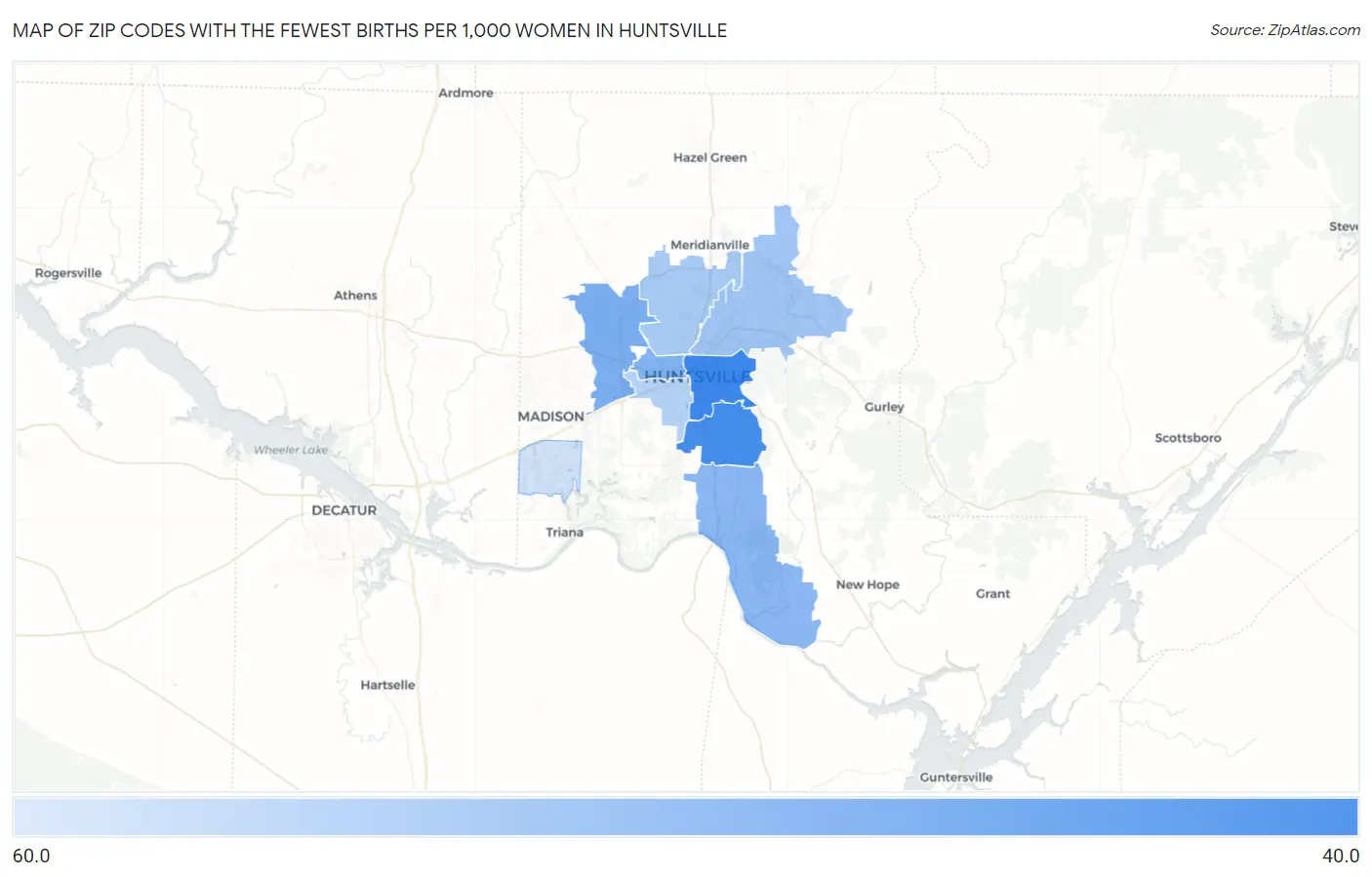 Zip Codes with the Fewest Births per 1,000 Women in Huntsville Map