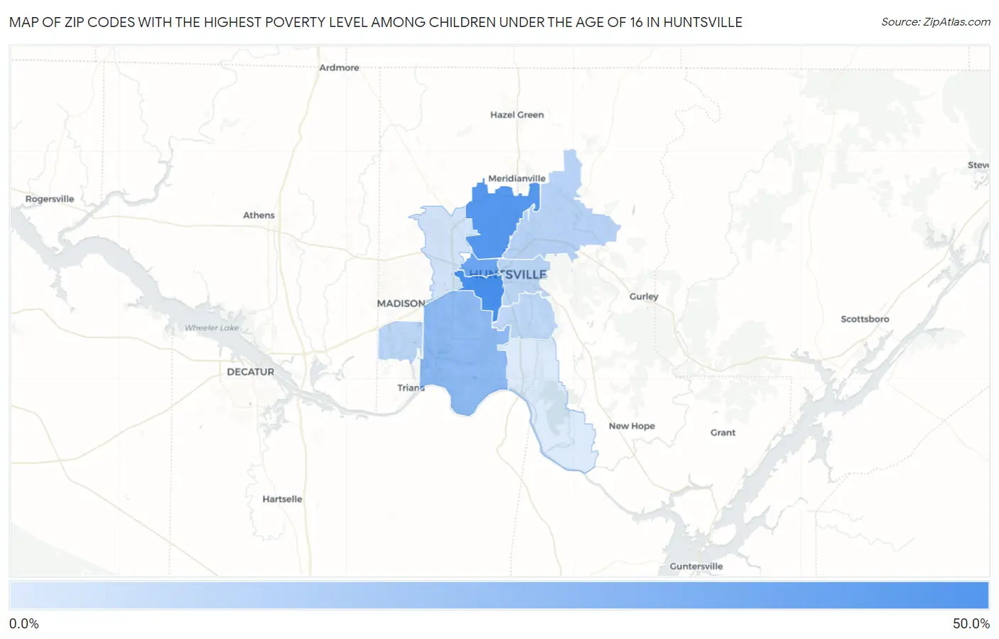 Zip Codes with the Highest Poverty Level Among Children Under the Age of 16 in Huntsville Map
