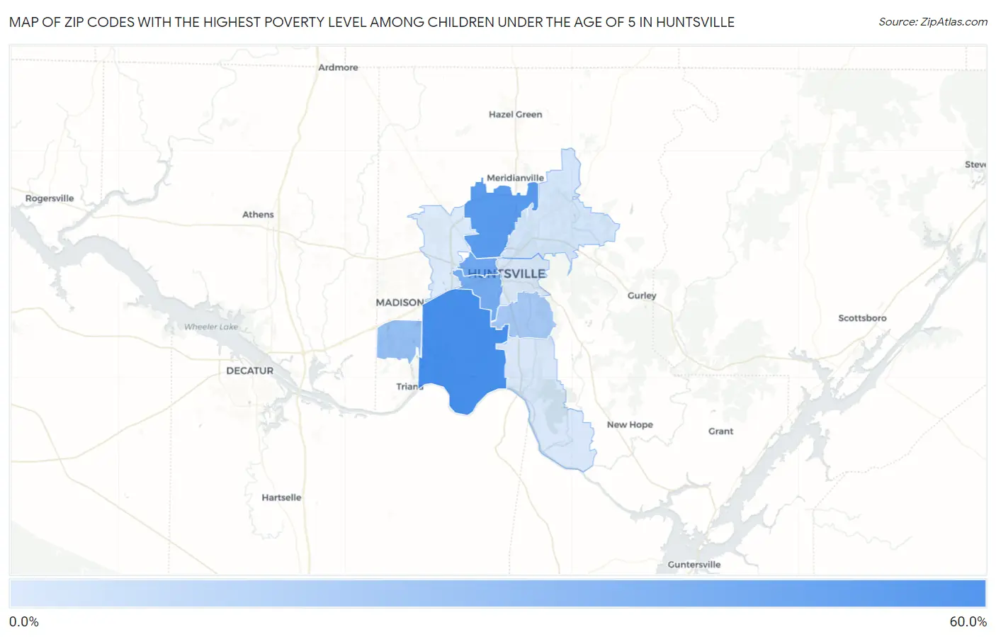 Zip Codes with the Highest Poverty Level Among Children Under the Age of 5 in Huntsville Map