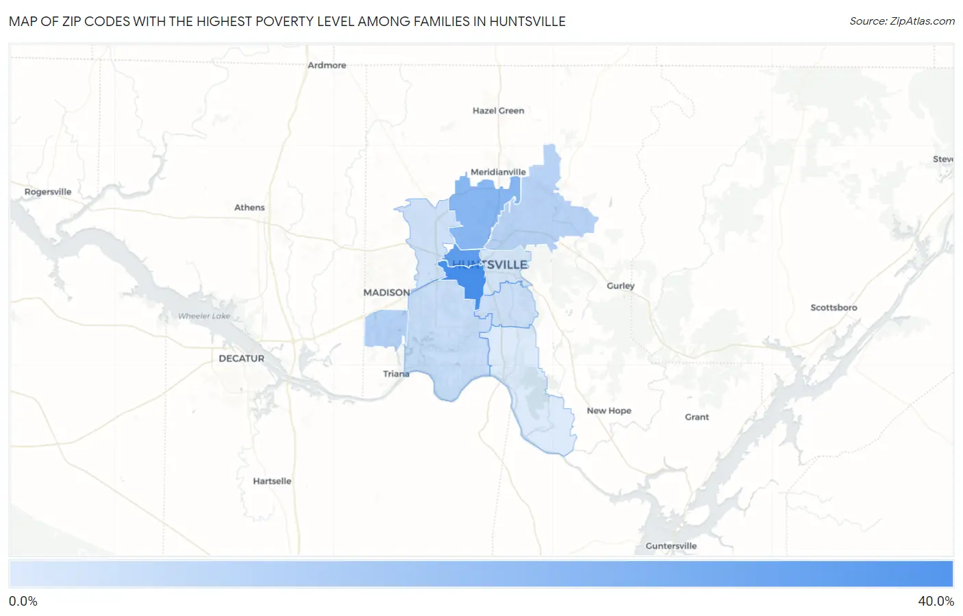 Zip Codes with the Highest Poverty Level Among Families in Huntsville Map