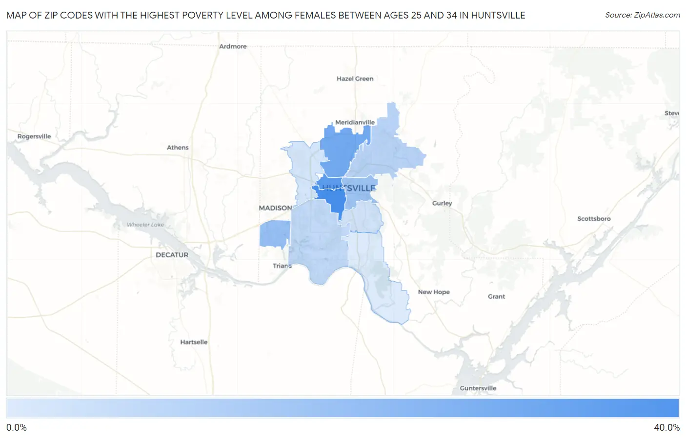 Zip Codes with the Highest Poverty Level Among Females Between Ages 25 and 34 in Huntsville Map