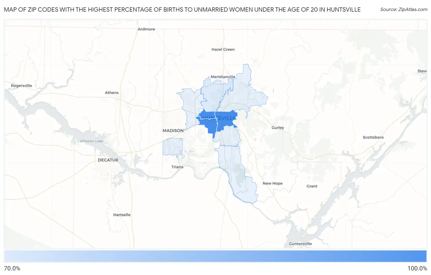 Zip Codes with the Highest Percentage of Births to Unmarried Women under the Age of 20 in Huntsville Map