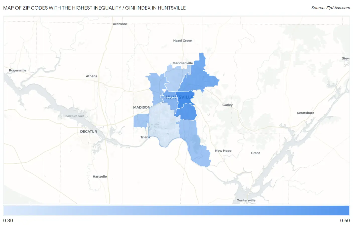 Zip Codes with the Highest Inequality / Gini Index in Huntsville Map