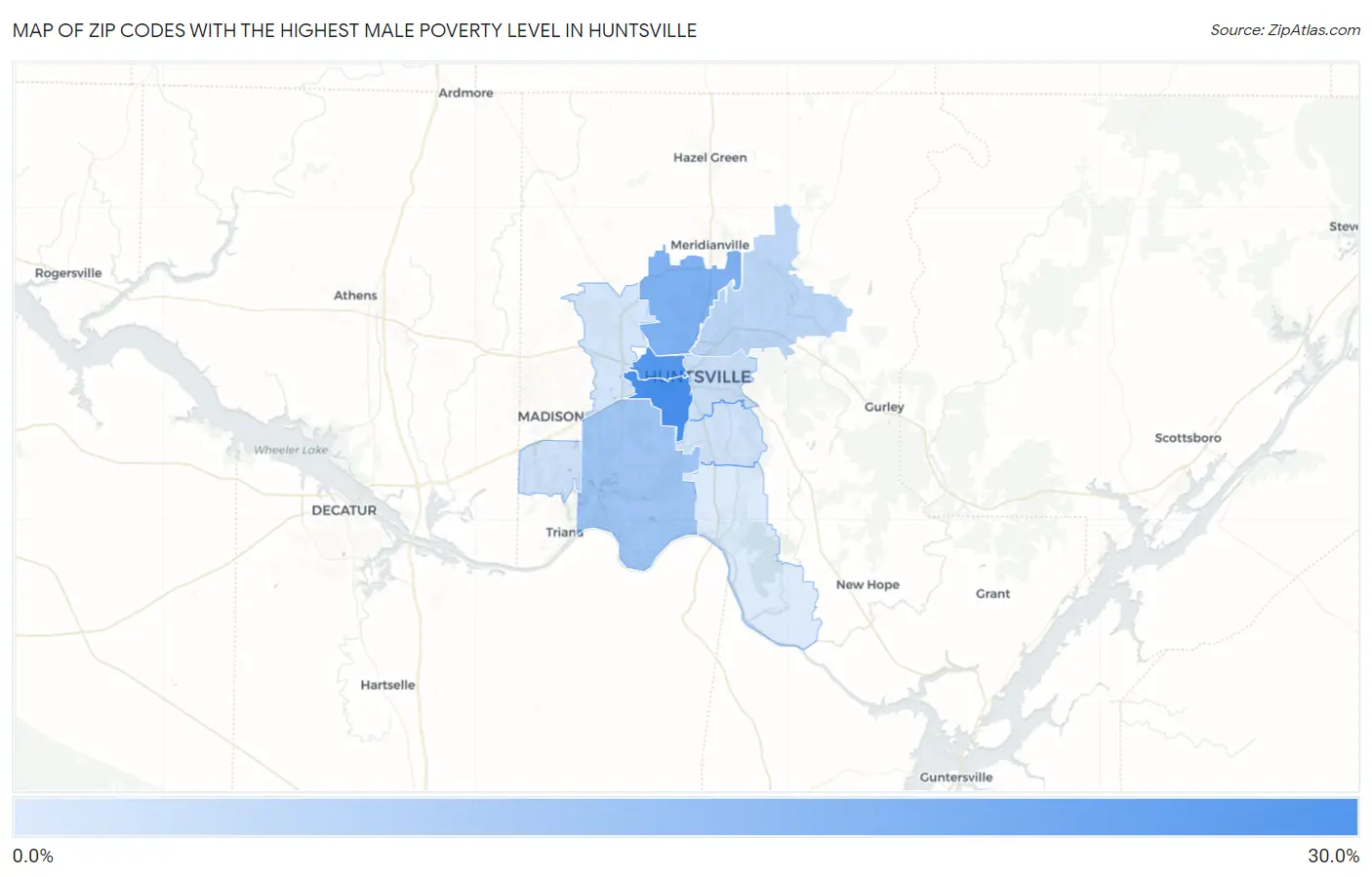 Zip Codes with the Highest Male Poverty Level in Huntsville Map