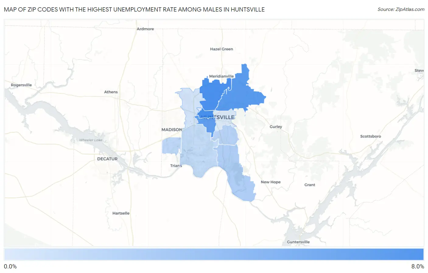 Zip Codes with the Highest Unemployment Rate Among Males in Huntsville Map