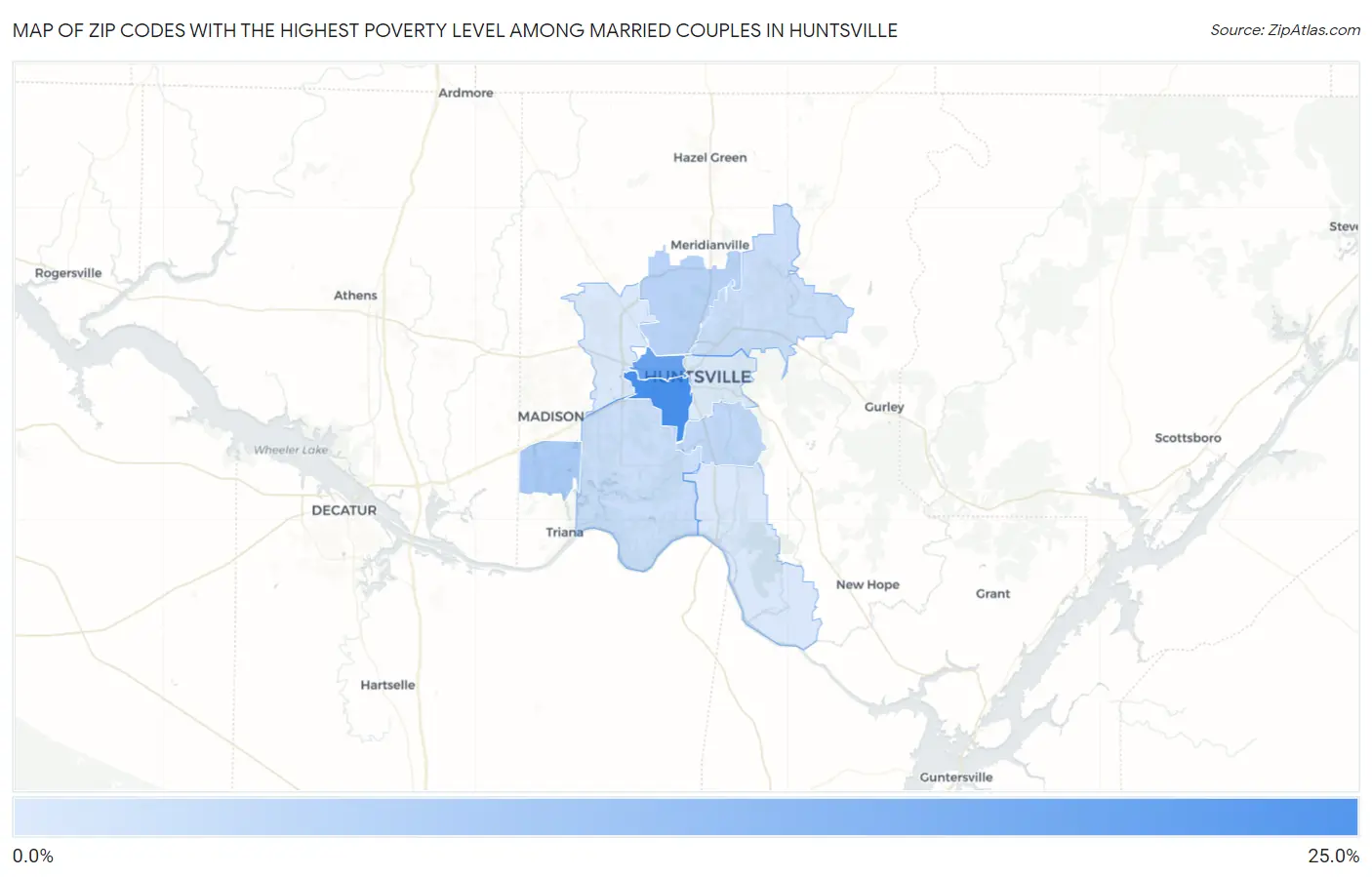 Zip Codes with the Highest Poverty Level Among Married Couples in Huntsville Map