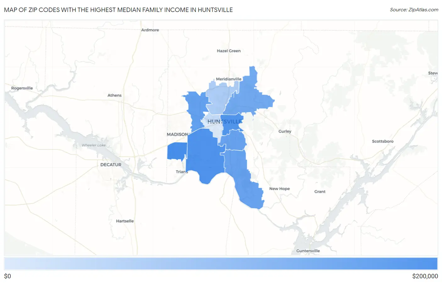 Zip Codes with the Highest Median Family Income in Huntsville Map