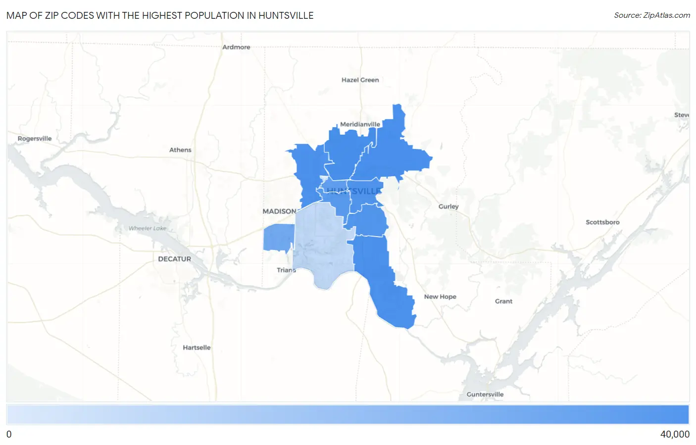 Zip Codes with the Highest Population in Huntsville Map