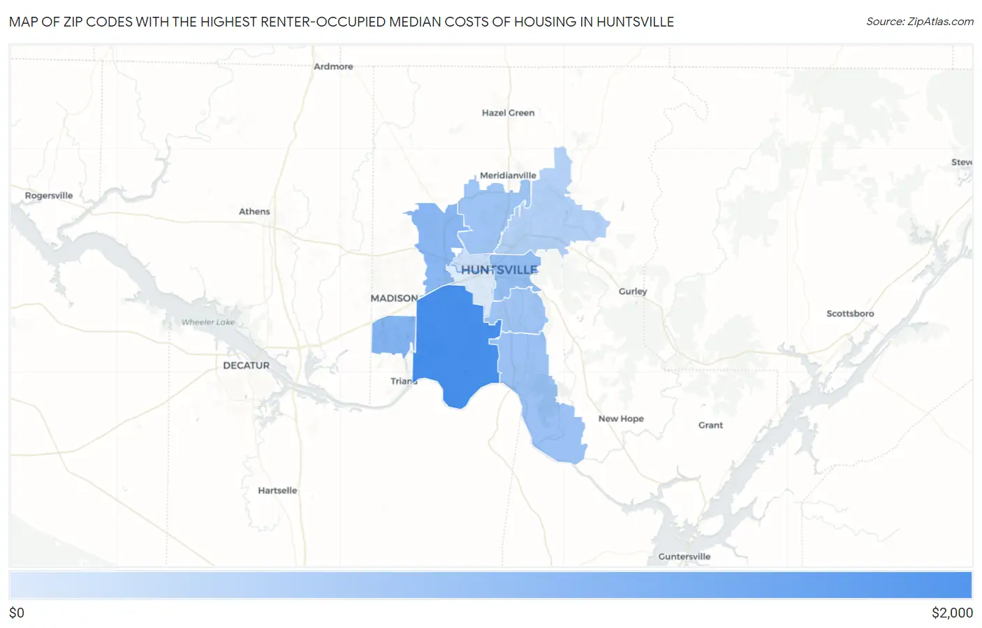 Zip Codes with the Highest Renter-Occupied Median Costs of Housing in Huntsville Map