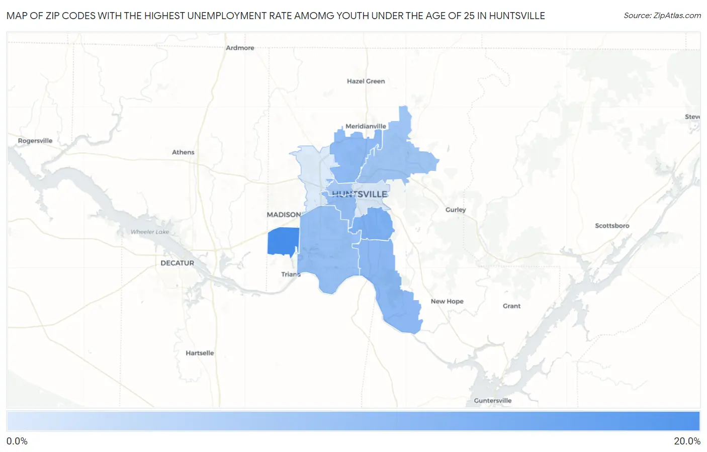 Zip Codes with the Highest Unemployment Rate Amomg Youth Under the Age of 25 in Huntsville Map