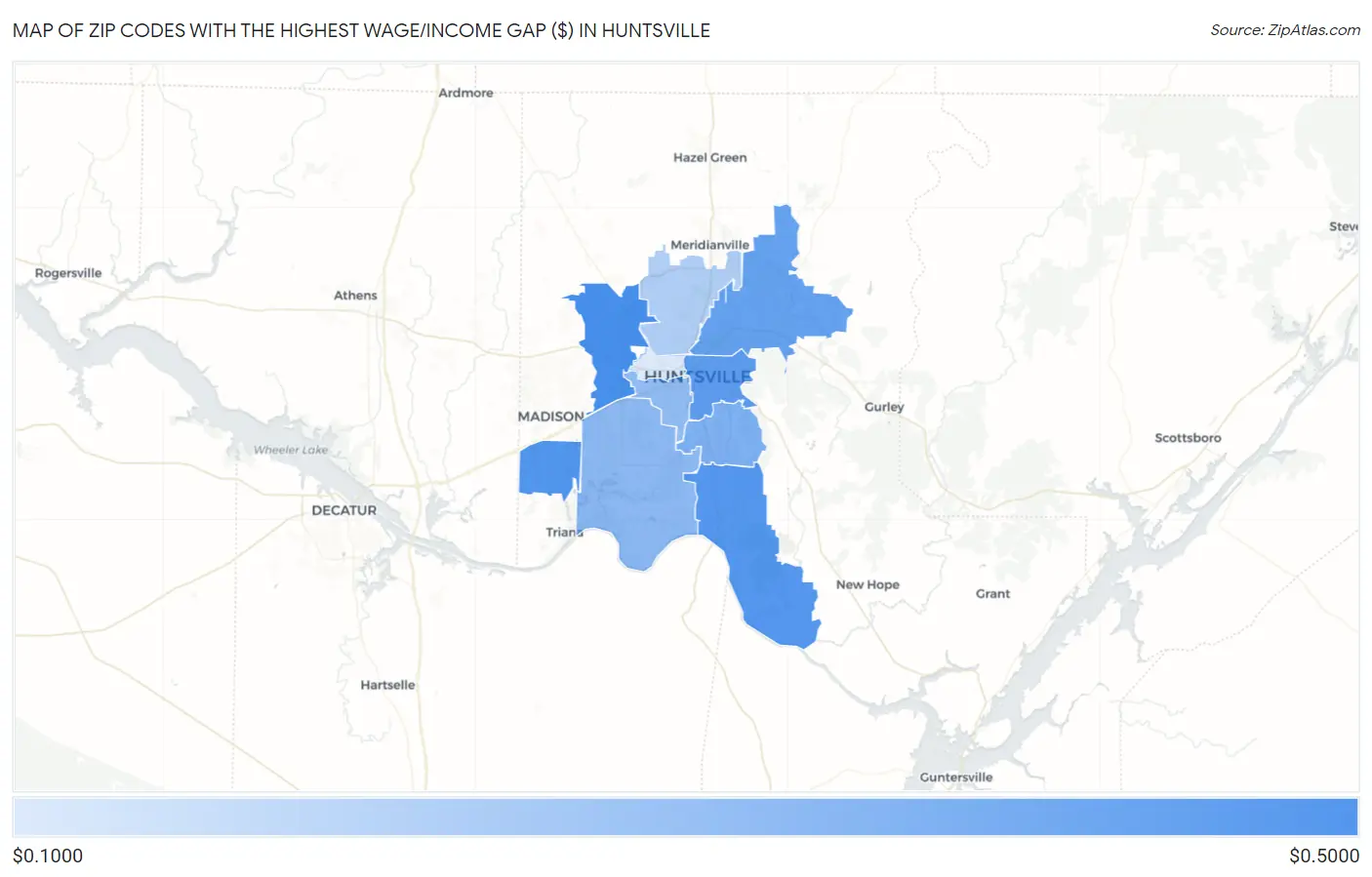 Zip Codes with the Highest Wage/Income Gap ($) in Huntsville Map