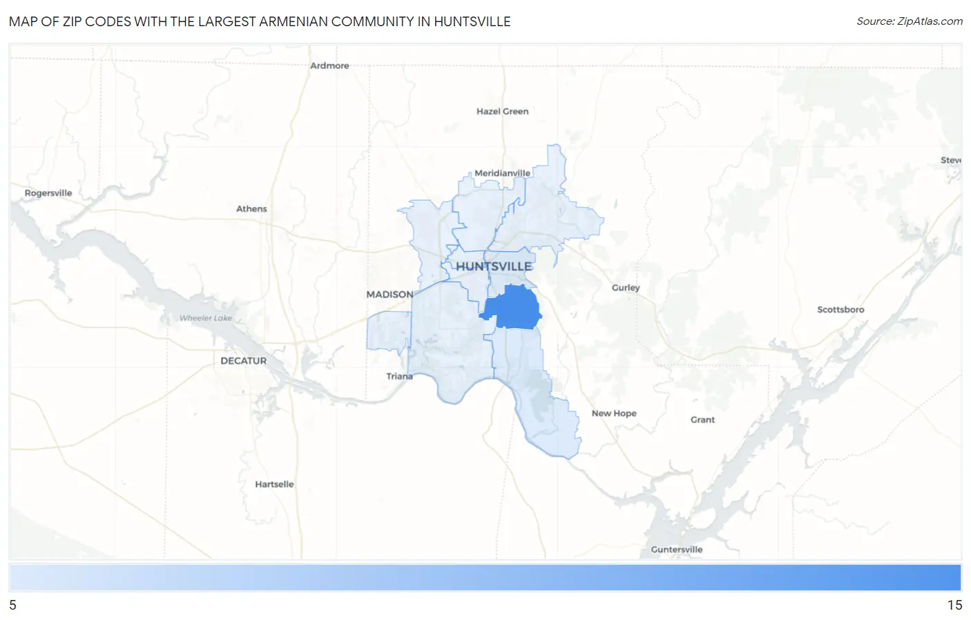 Zip Codes with the Largest Armenian Community in Huntsville Map