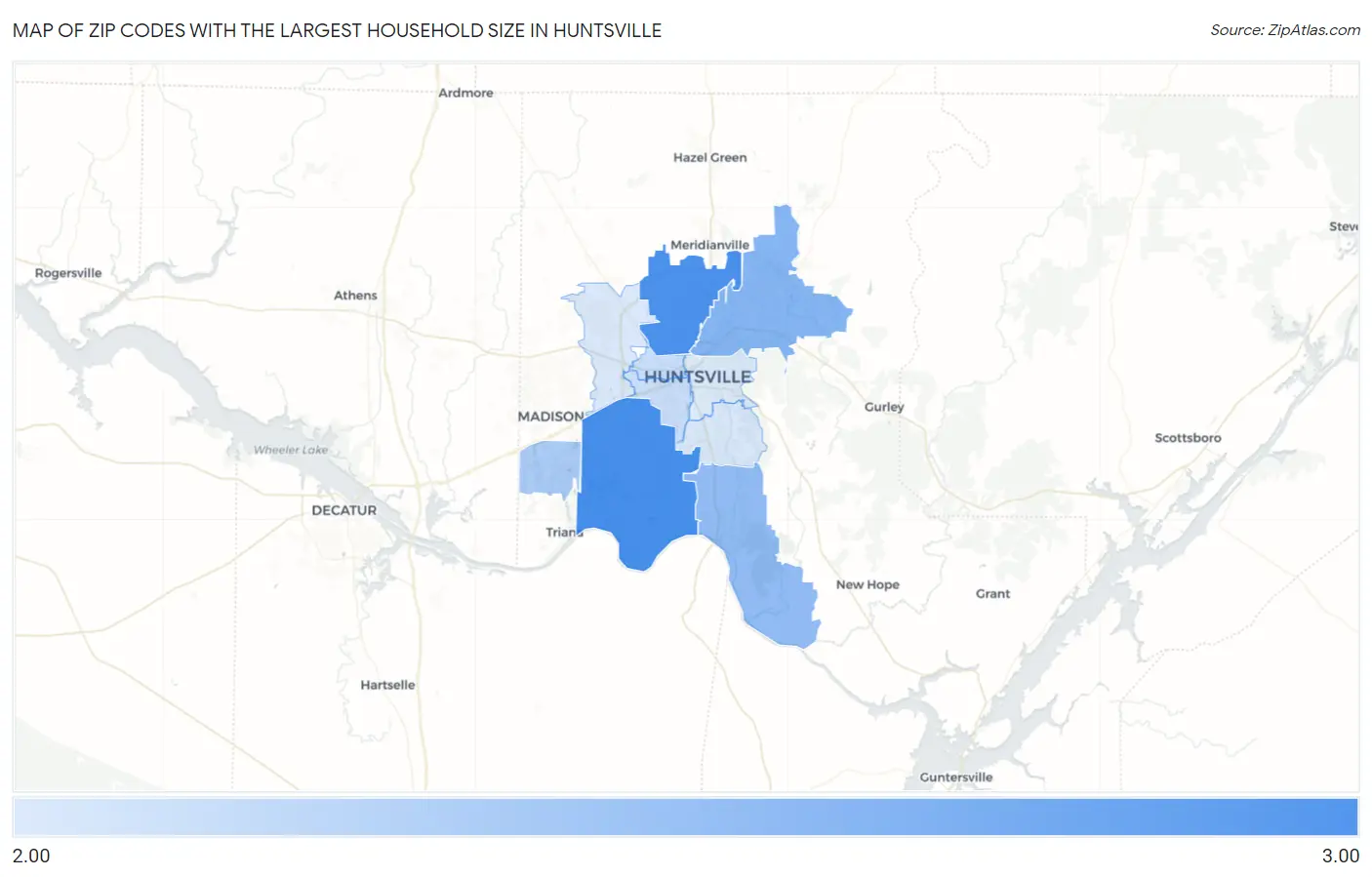 Zip Codes with the Largest Household Size in Huntsville Map