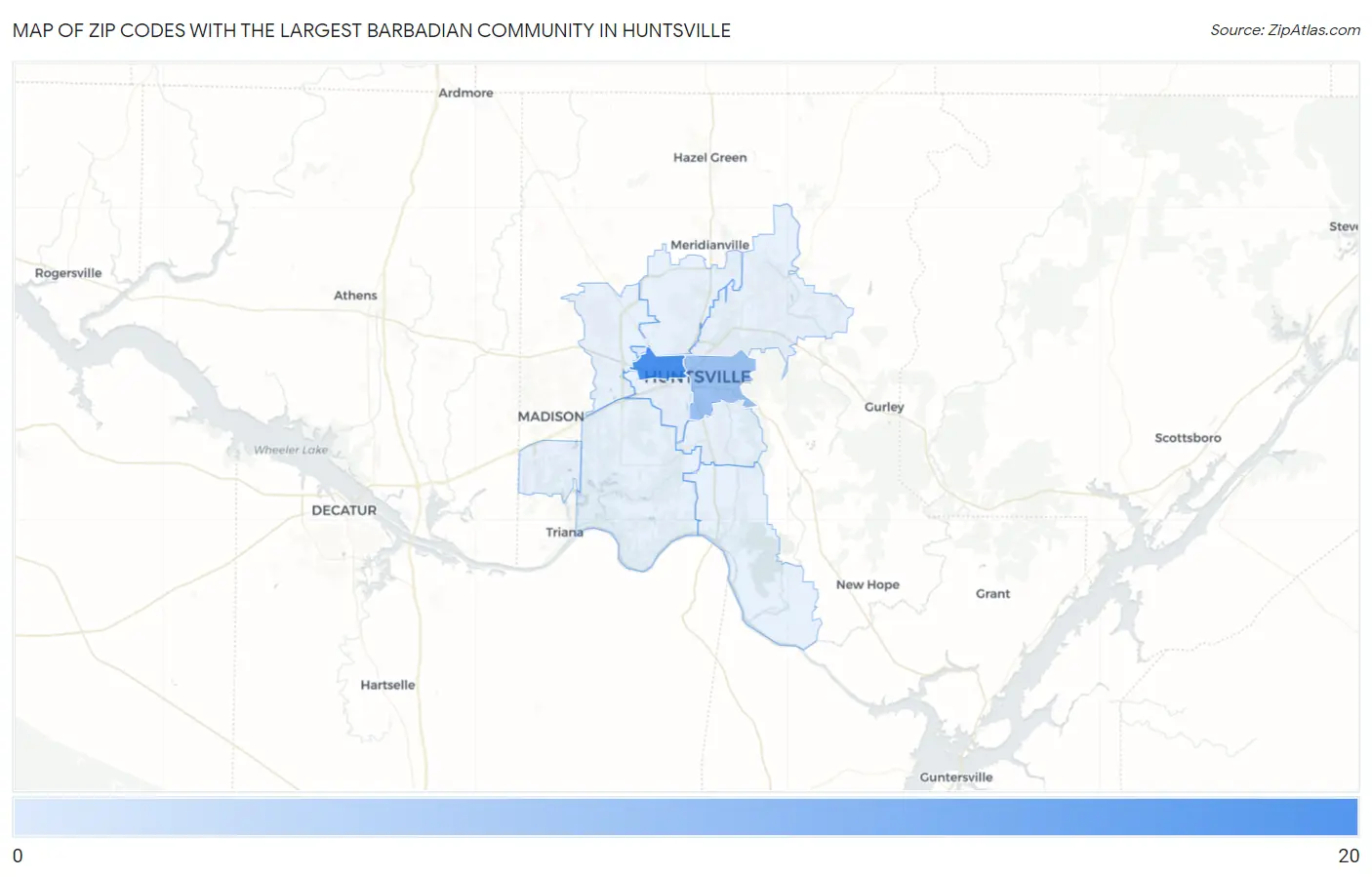 Zip Codes with the Largest Barbadian Community in Huntsville Map
