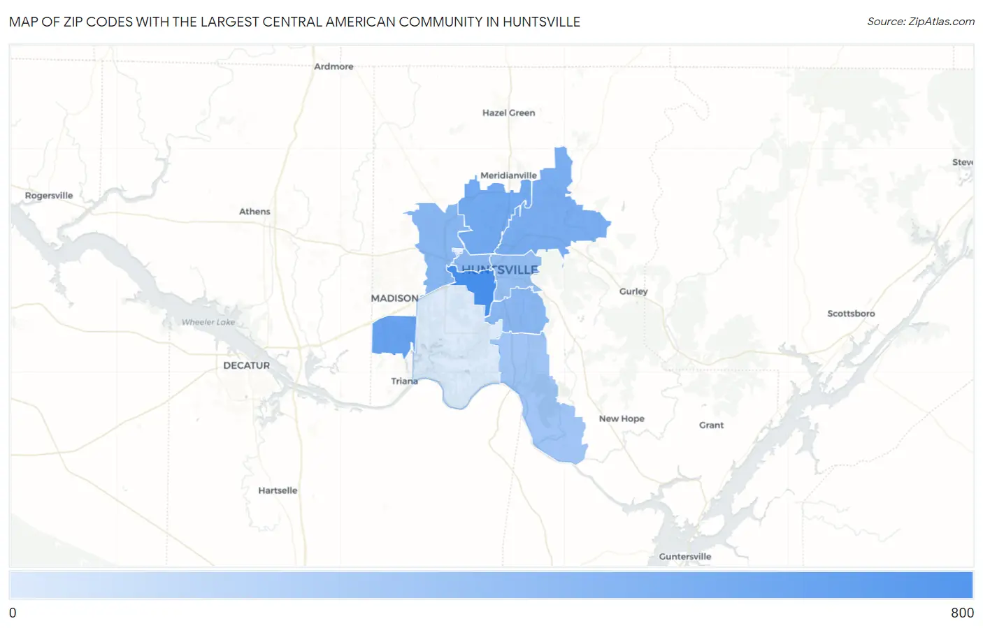 Zip Codes with the Largest Central American Community in Huntsville Map
