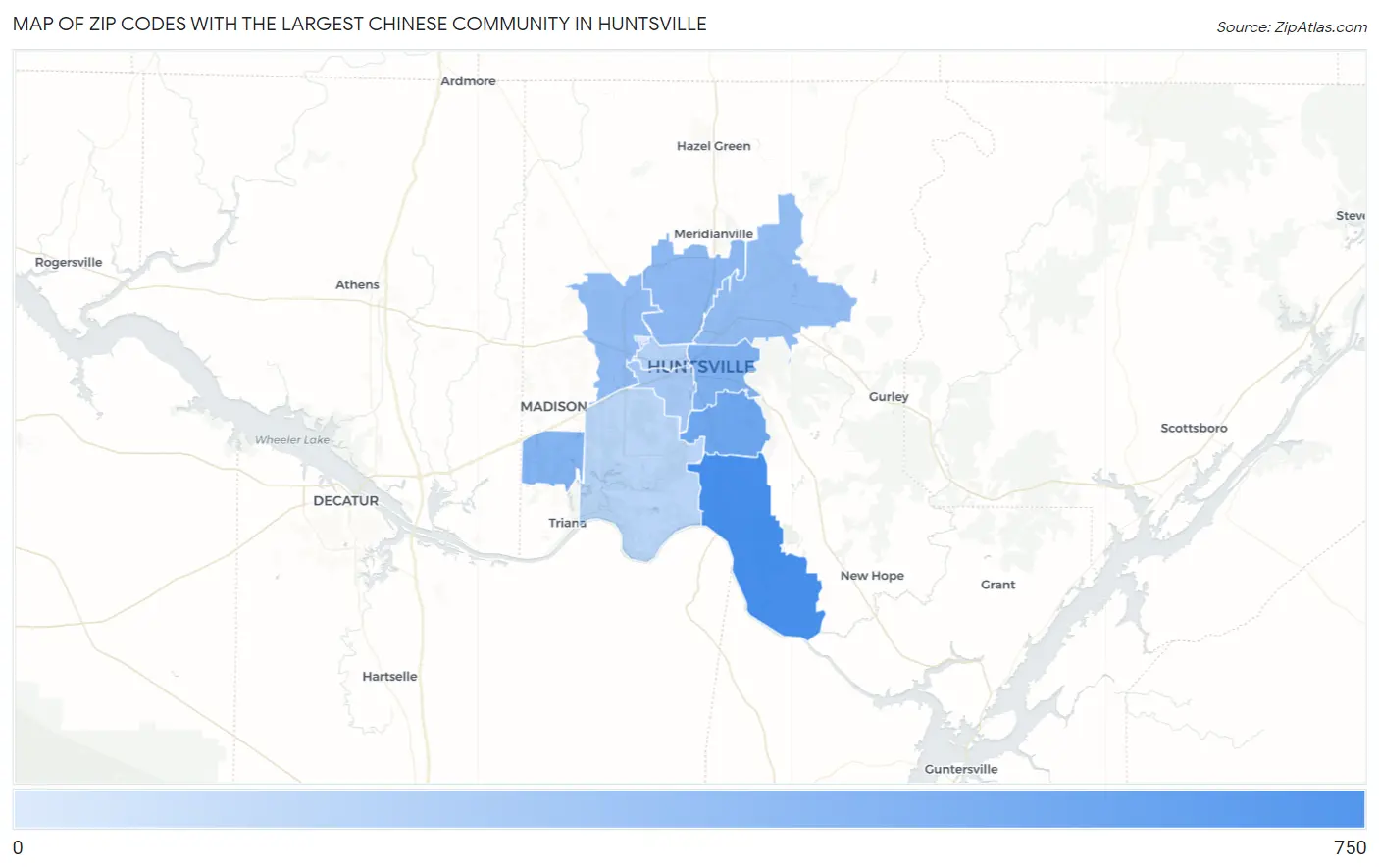 Zip Codes with the Largest Chinese Community in Huntsville Map