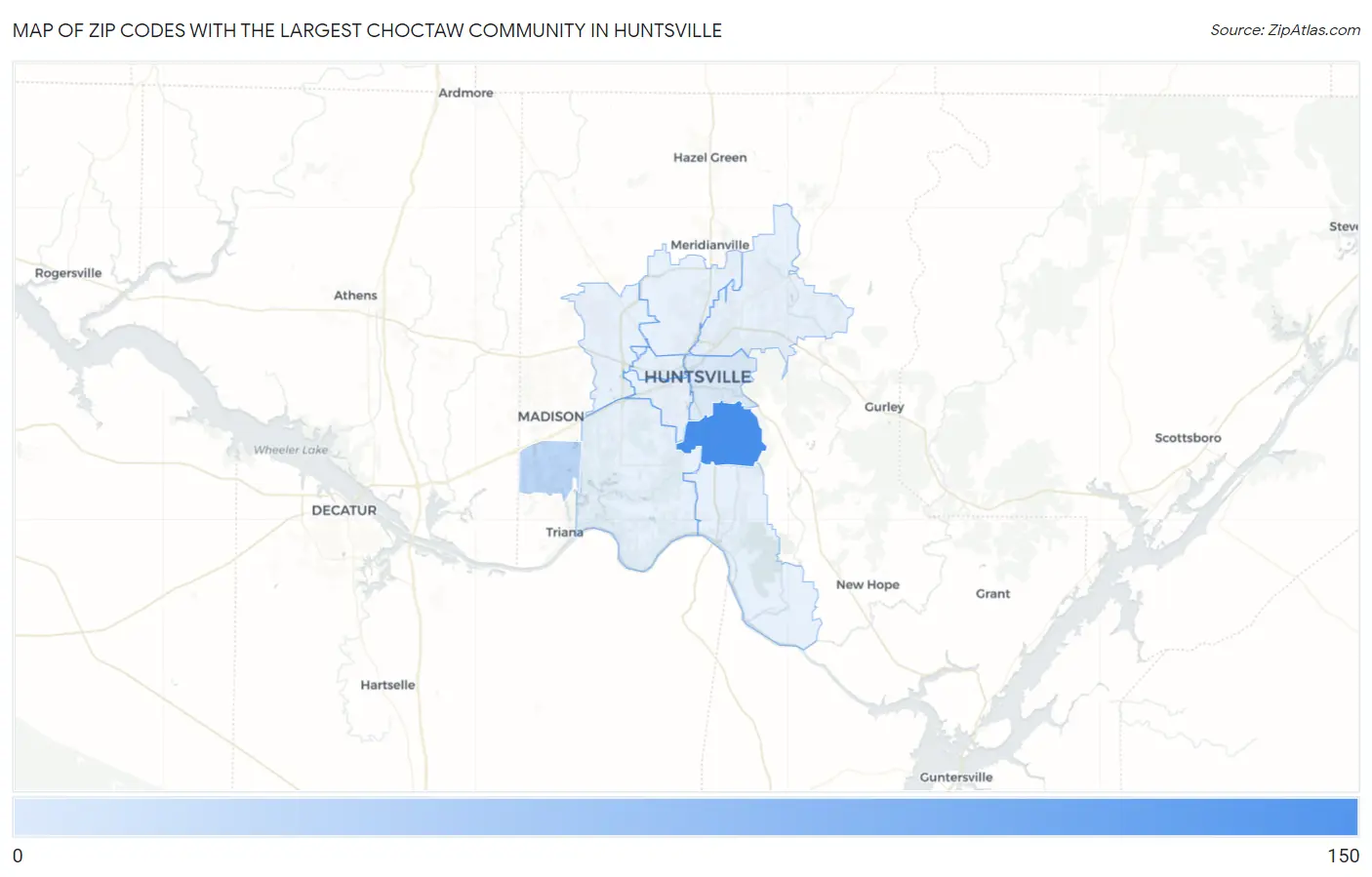 Zip Codes with the Largest Choctaw Community in Huntsville Map
