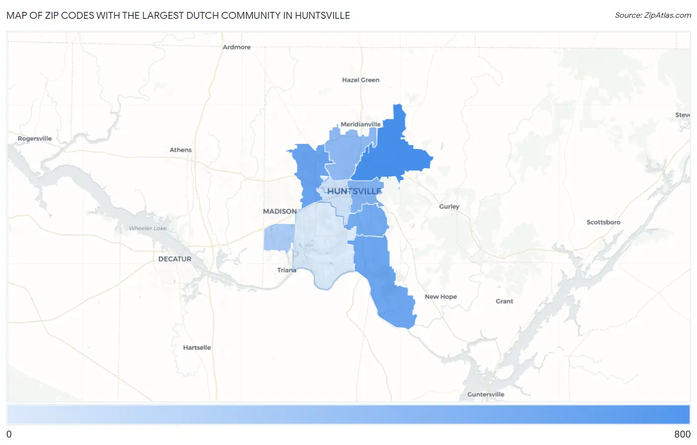 Zip Codes with the Largest Dutch Community in Huntsville Map