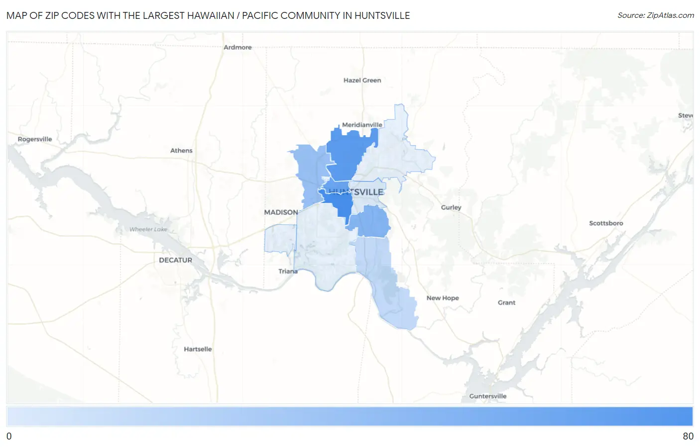 Zip Codes with the Largest Hawaiian / Pacific Community in Huntsville Map