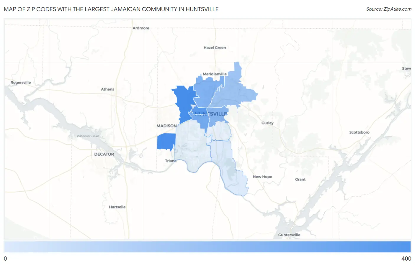 Zip Codes with the Largest Jamaican Community in Huntsville Map