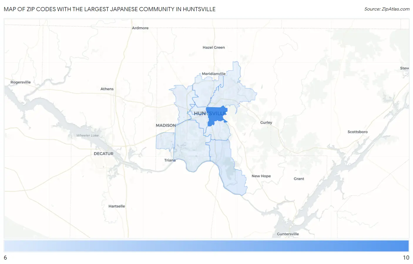 Zip Codes with the Largest Japanese Community in Huntsville Map