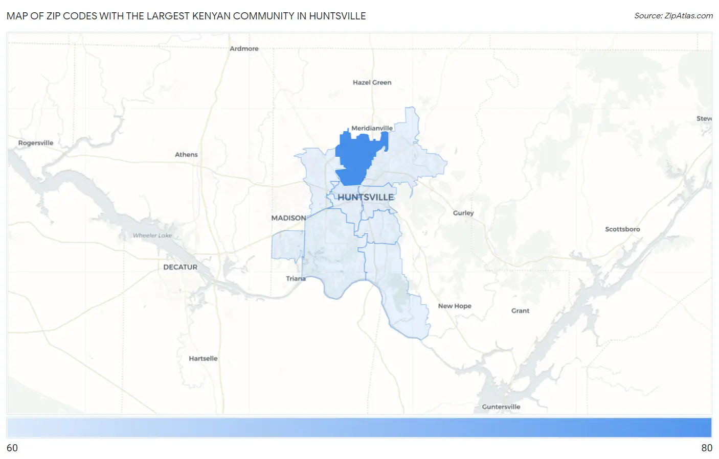 Zip Codes with the Largest Kenyan Community in Huntsville Map