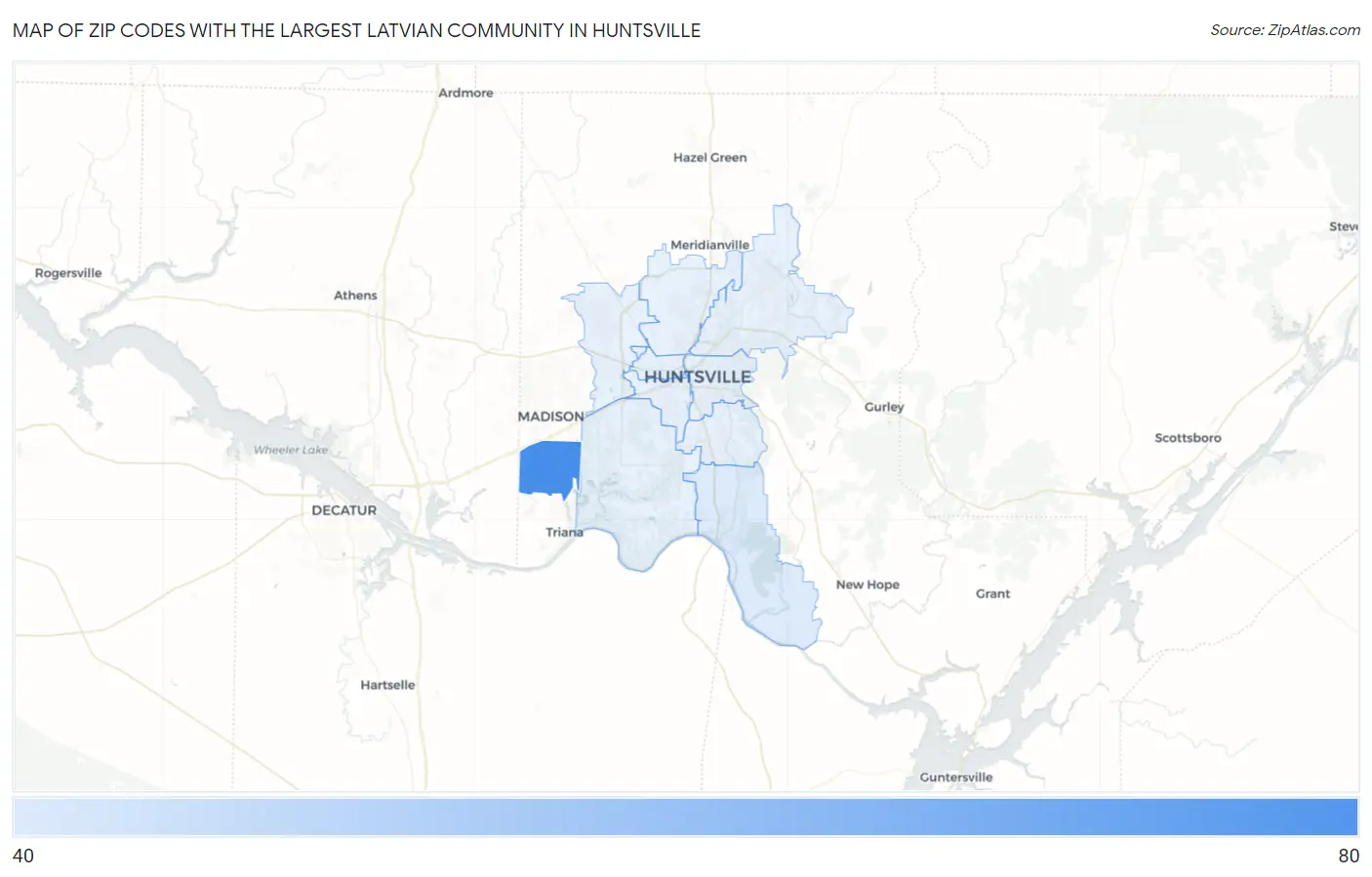 Zip Codes with the Largest Latvian Community in Huntsville Map