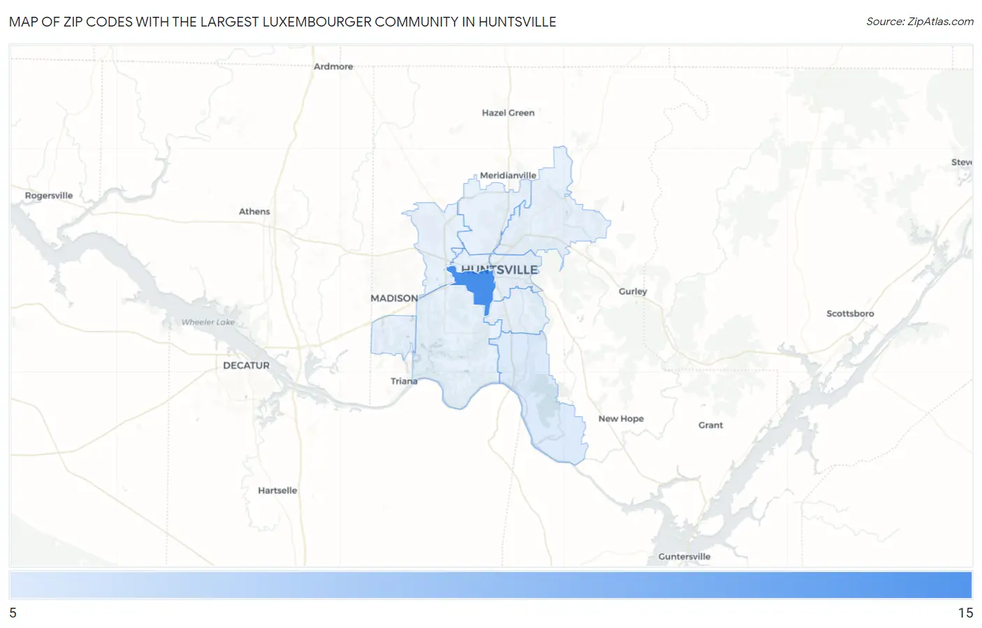 Zip Codes with the Largest Luxembourger Community in Huntsville Map