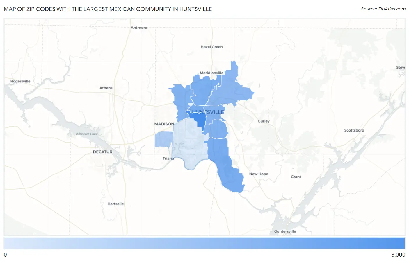 Zip Codes with the Largest Mexican Community in Huntsville Map
