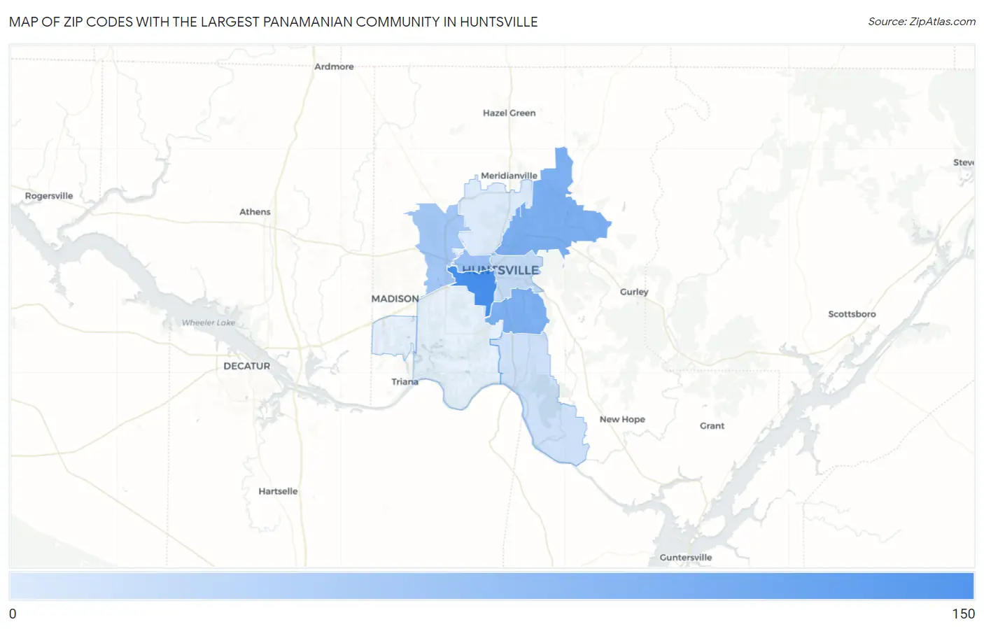 Zip Codes with the Largest Panamanian Community in Huntsville Map