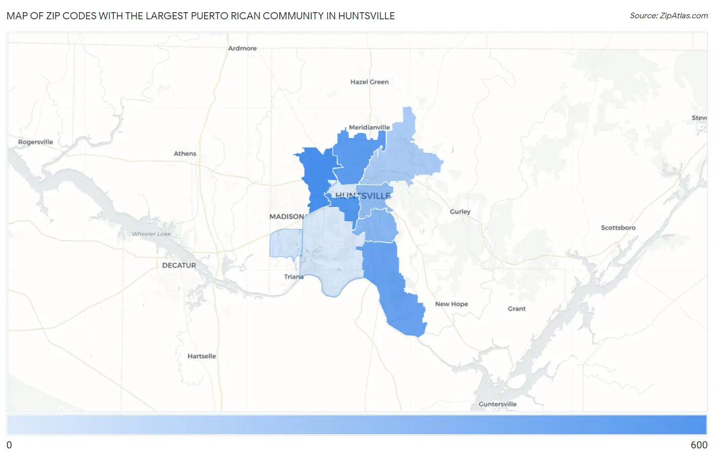 Zip Codes with the Largest Puerto Rican Community in Huntsville Map