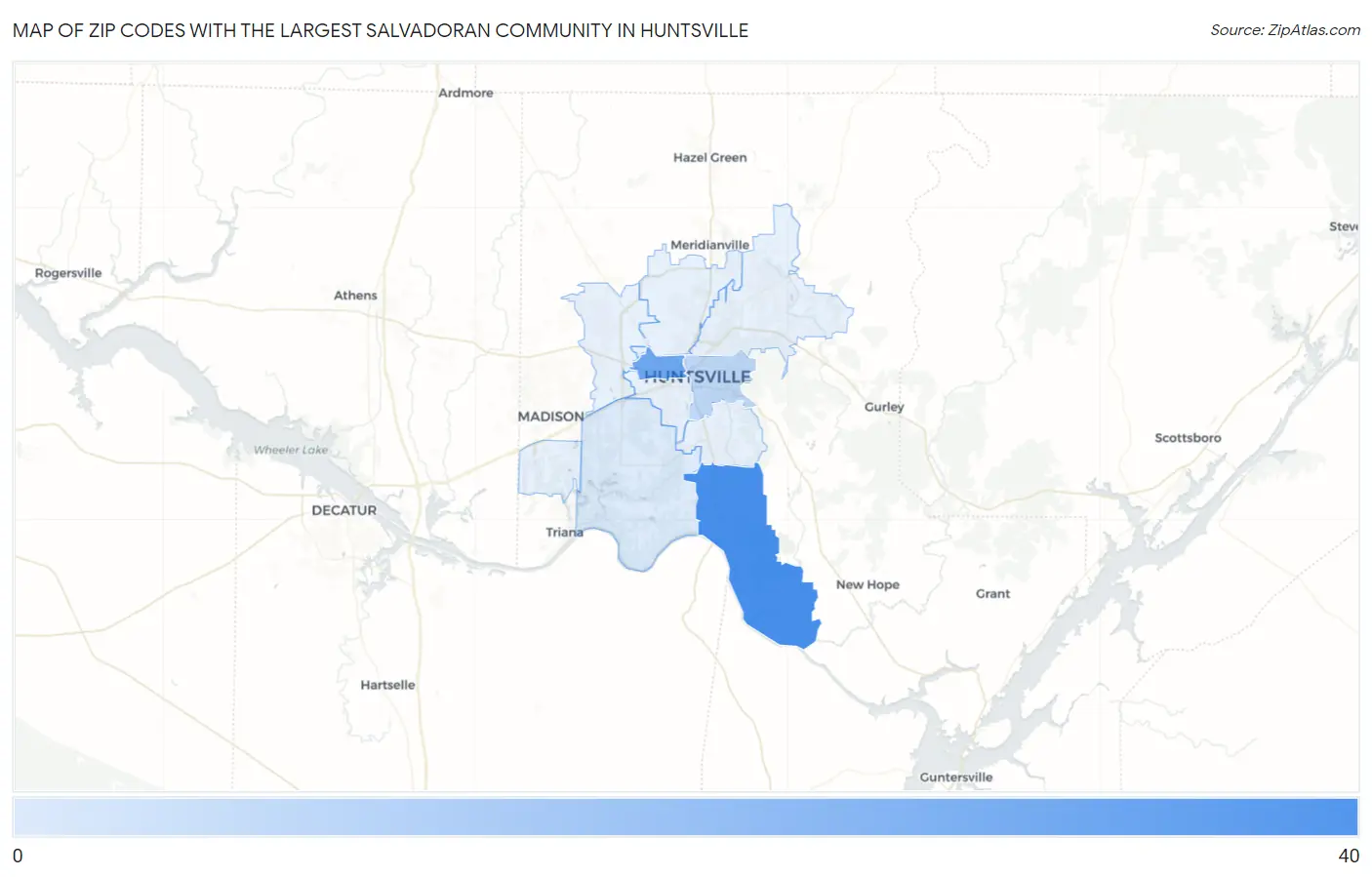 Zip Codes with the Largest Salvadoran Community in Huntsville Map