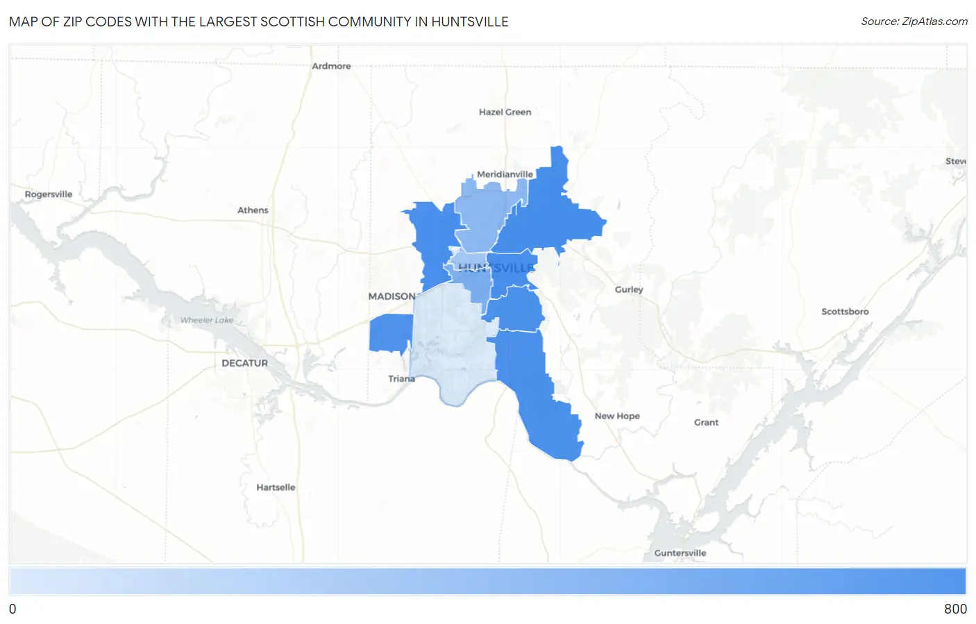 Zip Codes with the Largest Scottish Community in Huntsville Map