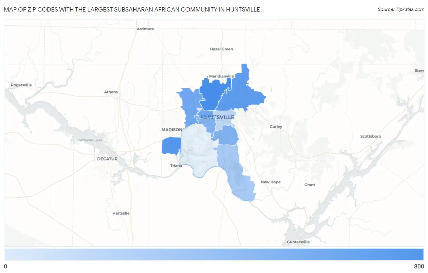Zip Codes with the Largest Subsaharan African Community in Huntsville Map