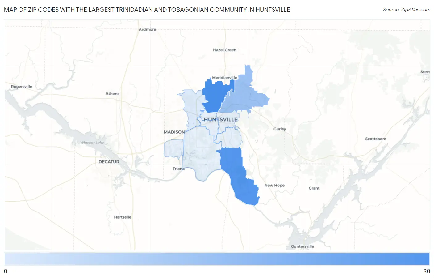 Zip Codes with the Largest Trinidadian and Tobagonian Community in Huntsville Map