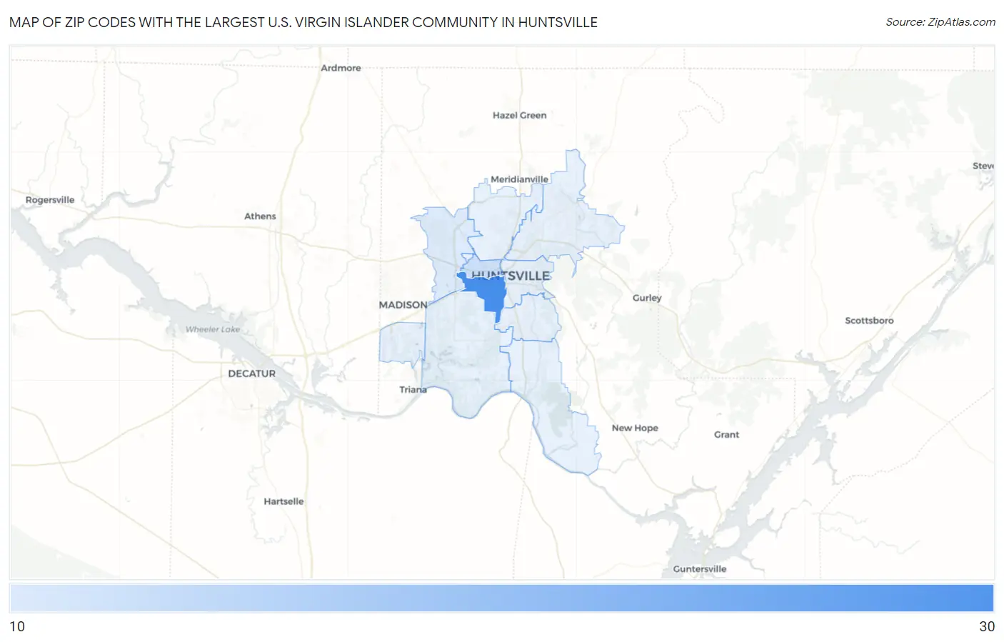 Zip Codes with the Largest U.S. Virgin Islander Community in Huntsville Map