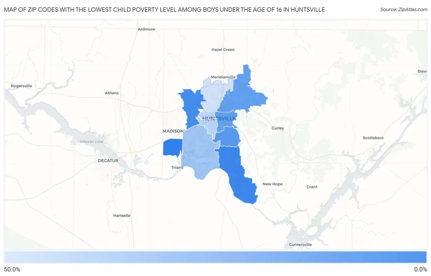 Zip Codes with the Lowest Child Poverty Level Among Boys Under the Age of 16 in Huntsville Map